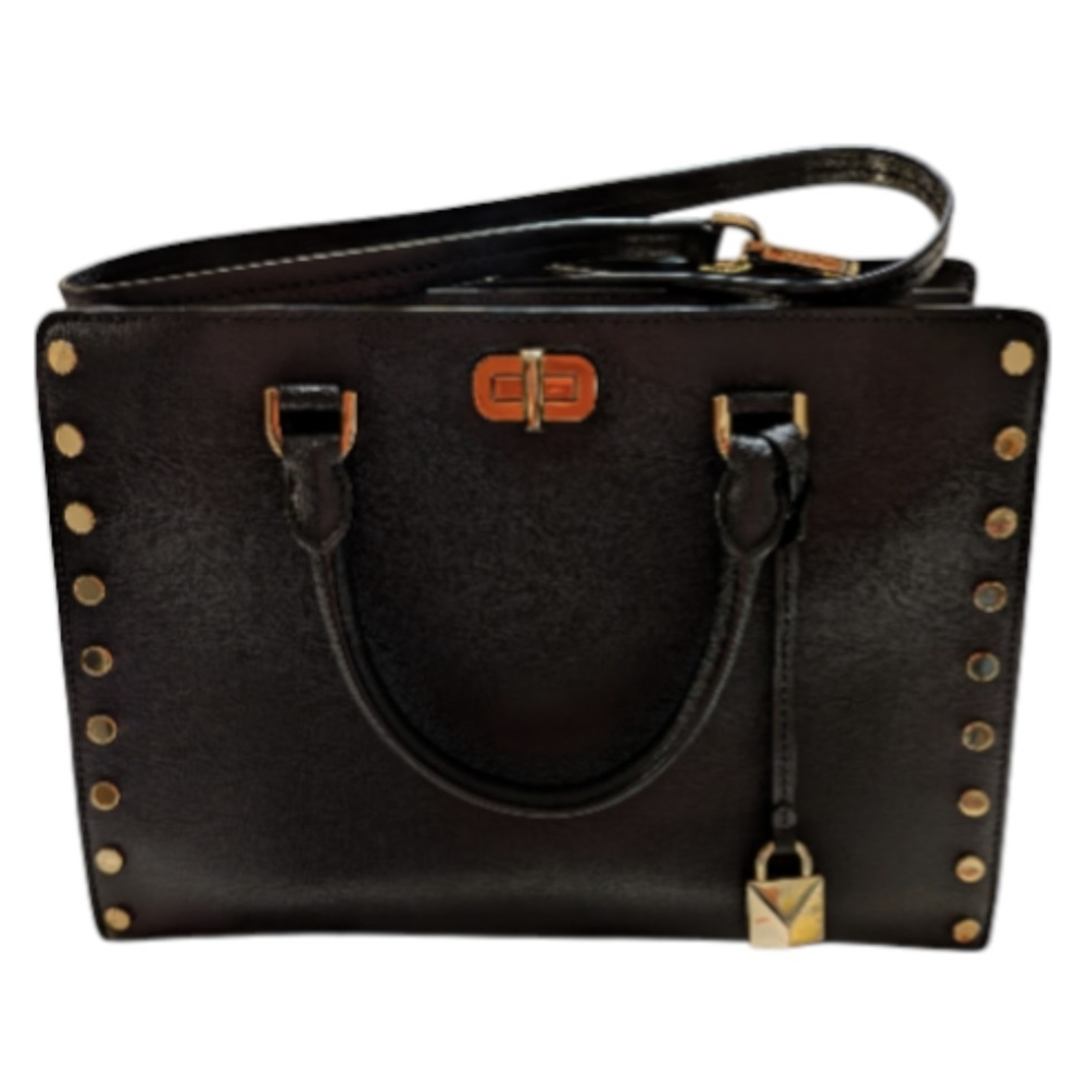 Michael Kors Studded Leather Satchel Handbag Black/Gold One Size - Picture 4 of 16